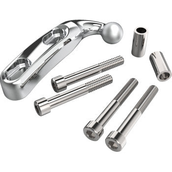 A set of shiny metal hardware parts—including a curved handle, four hex bolts, and two cylindrical spacers—designed for the Perch Mount Gen 2 Chrome by Ciro, arranged on a white background.