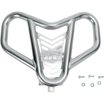 The Honda TRX Front Bumper XX by Dg Performance is a silver aluminum alloy ATV front bumper with a V-shaped design, mesh plate center, and chevron cutouts. Three bolts, three washers, and one nut are positioned to its right.