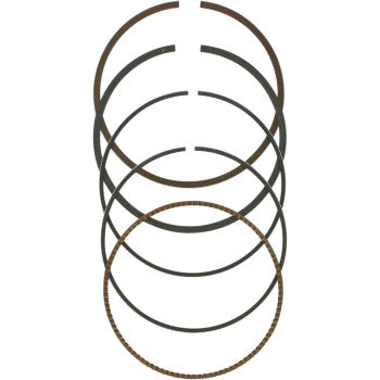 Five metal rings from the Ring Set by Wiseco are vertically arranged on a white background. The bottom ring has a wavy texture, while the set varies in thickness and color, with each ring featuring a visible gap.
