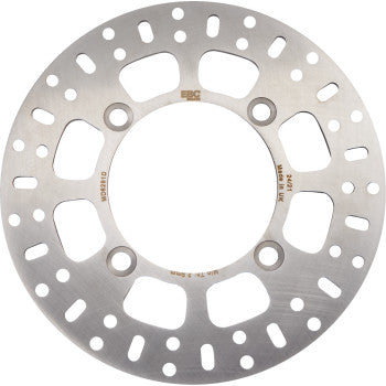 The Yamaha Brake Rotor by Ebc is a round, metallic motorcycle brake disc featuring multiple evenly spaced holes and slots, a central mounting area with four bolt holes, and engraved text near the center.