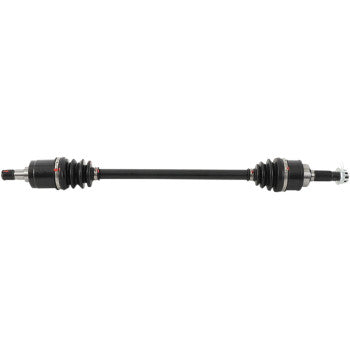 The Honda Big Red Axle Kit Complete 8 Ball Extreme Duty Rear Right by All Balls features rubber boots on both ends, precision ball bearings in the metal joints, and a black cylindrical shaft, displayed on a white background.
