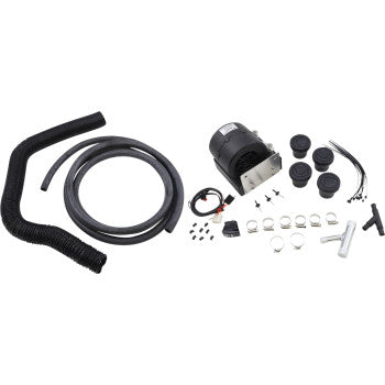 The CF Moto UTV Cab Heater by Moose Offroad is displayed on a white background, showing its black motor unit, hoses, wiring, clamps, zip ties, round vents, screws, and assorted hardware—all components neatly arranged.