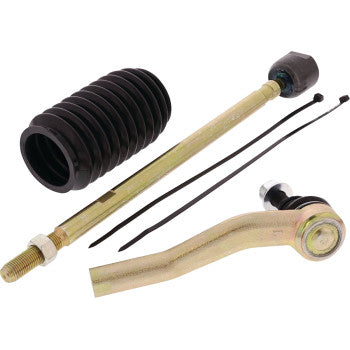 The Tie Rod End Kit Left Hand by Moose Offroad includes OEM replacement tie-rod ends, a gold tie rod, black rubber boot, two black zip ties, and a curved end, all shown on a white background.