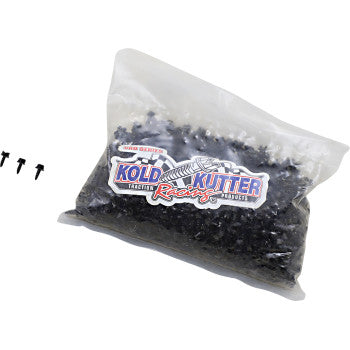 A clear plastic bag labeled “AMA Traction Screws #8 18 x 3/8 1,000 Pack by Kold Kutter” with the Kold Kutter logo contains black screws of high Rockwell hardness; four loose screws are shown to the left of the bag.