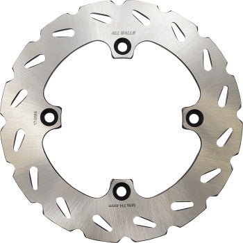 The Polaris Brake Rotor by All Balls is a round stainless steel disc for bicycles or motorcycles, featuring three mounting holes and evenly spaced outer-edge cutouts to enhance cooling efficiency and braking performance.