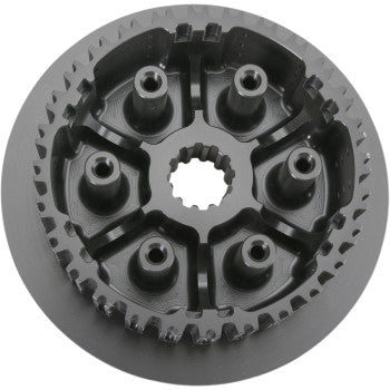 The Inner Clutch Hub by Hinson Racing is a black metal, circular component featuring central gear teeth and six evenly spaced cylindrical posts around the center for improved clutch performance.