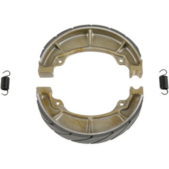 Brake Shoes by Ebc feature two durable die-cast aluminum semi-circular shoes with friction linings, positioned facing each other and accompanied by a small coil spring on each side.