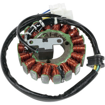 Copper coil stator with black wiring harness and white connector for Suzuki ATV motor.