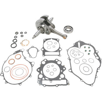 The Yamaha Crankshaft Kit OE Crankshaft Replacement by Hot Rods includes a crankshaft, bearings, O-rings, connecting rod, and gaskets—neatly arranged and designed to meet OEM standards.