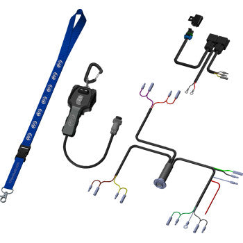 The Plow Hand Remote Control Kit by Kfi Products is displayed on a white background, featuring a blue lanyard, a black remote with a clip, and two black wiring harnesses with colored wire connectors.