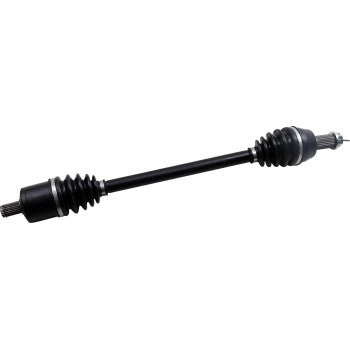 Black metal Polaris Ranger axle kit with rubber boots on both ends and threaded shafts.