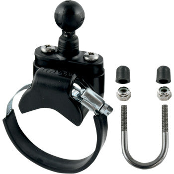 Black metal mount base with ball head, U-shaped silver U-bolt, two nuts, and two black rubber caps.