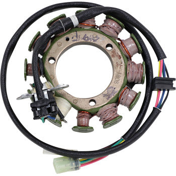 Round metal Honda stator coil with six copper windings and attached black wiring harness with multi-colored connectors.