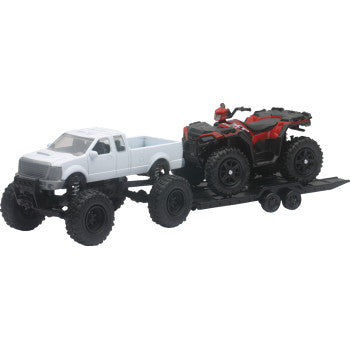 White and black toy pickup truck towing red and black sportsman ATV on black trailer with rugged tires.