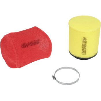 Red cylindrical foam air filter, yellow cylindrical foam air filter, and silver metal clamp ring.