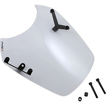 The New Generation Windscreen - Clear by Puig Hi-Tech Parts, designed for the FTR 1200, is shown with black mounting brackets and three bolts with spacers on a white background.