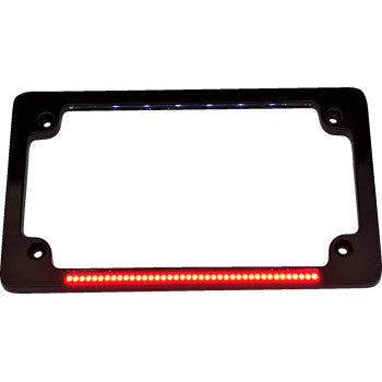The Dual License Plate Frame Black by Custom Dynamics features flush-mount red running and brake LEDs in a row along the bottom edge.