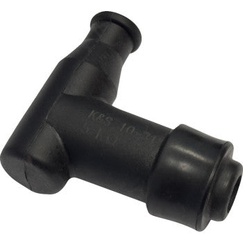 The K&S Technologies Spark Plug Cover T Type 14 mm is a black rubber, waterproof, L-shaped cap with adaptable thread sizing for secure fitting. It has a wide opening on one end and a narrower connector on the other, shown against a white background.