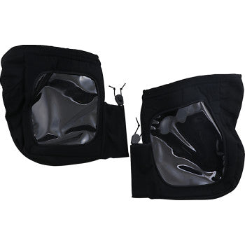 The Visi-Control Handlebar Muff by Kimpex is a pair of black, waterproof mittens with clear windows for hand visibility, designed for cold weather. They feature zipper closures and adjustable drawstrings to ensure a secure fit.