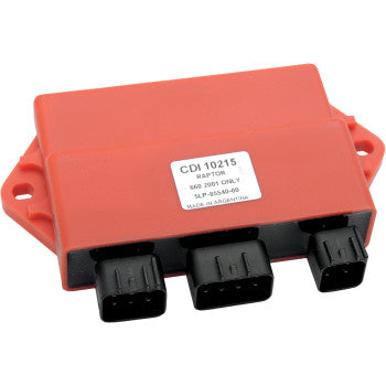 A red Yamaha Hot Shot CDI Box by Rick's Motorsport Electric features three black connectors and a white label marked CDI 10215 RAPTOR, designed for an improved advance curve and higher rpm redline, displayed on a white background.
