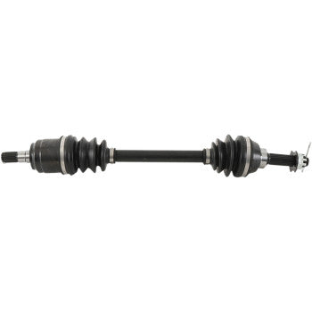 The Suzuki KingQuad Axle Kit Complete 8 Ball Extreme Duty Front Left & Right by All Balls features black chromoly axle shafts, precision ball bearings, rubber boots on both ends, metal joints, and a connecting rod. Plain white background.