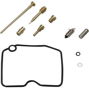 Kawasaki carburetor repair kit with brass jets, needle, spring, black gasket, and small seals.