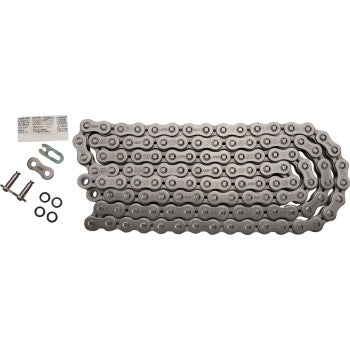 The 520 SRX2 Drive Chain 118 Links by Ek is shown laid flat on a white background, with joining links, pins, Quadra X-Ring O-rings, and grease packets arranged beside it.
