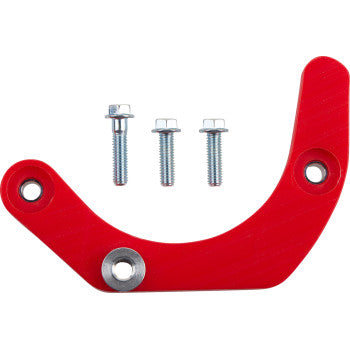 Red curved metal case saver with three silver mounting bolts and reinforced holes.