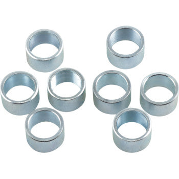 Eight small, silver Clutch Roller Weights by Epi—cylindrical, plated for strength with a hollow center and smooth, shiny finish—are arranged on a white background.