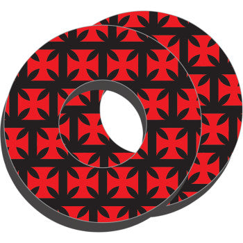 The Grip Donuts Iron Cross by Factory Effex features two overlapping circular discs with a striking red and black geometric pattern, showcasing repeating black shapes in a symmetrical design on a vibrant red background.