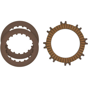 Three brown metal clutch discs and one textured friction plate with notched edges, all meeting OEM standards, are displayed on a white background. Product: Clutch Plates by Vesrah.