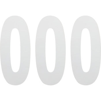 Three large, white 8-inch 0 decals (FX Number 0 White by Factory Effex) are evenly spaced on a plain background, ideal for number changes with adhesive-backed vinyl.