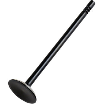 The Polaris Exhaust Valve Steel by Hot Cams is a black metal valve with a precision-machined head, round flat top, and long stem, shown against a white background.
