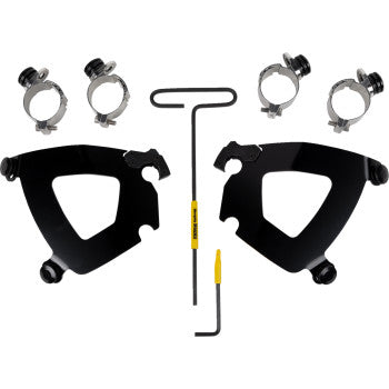 The Gauntlet Mounting Kit - Black by Memphis Shades includes two black metal brackets, four silver clamps with screws, and two yellow-grip L-shaped hex wrenches, all neatly arranged on a white background.