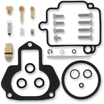 The Yamaha Carburetor Repair Kit by Moose Offroad includes NBR O-rings, gaskets, screws, jets, a needle valve, float valve, springs, and small metal parts—everything arranged neatly on a white background.