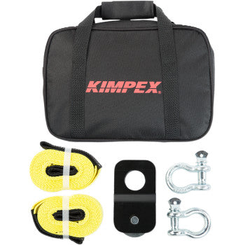 The Portable Winch Accessory Kit by Kimpex includes a black carrying case, two yellow tow straps, a black metal snatch block, and two silver D-ring shackles arranged neatly below the case.