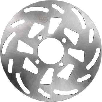 The Yamaha Rear Rotor by Moose Offroad is a round, silver high-carbon stainless steel brake rotor with multiple curved and rectangular cutouts evenly spaced around the surface and a central mounting hole.