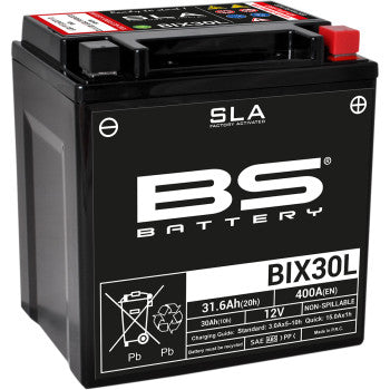 Black rectangular BS Battery BIX30L with white logo and technical labels, red positive terminal cap, compact design.