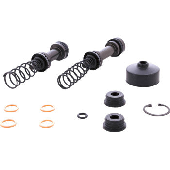 The Brake Master Cylinder Rebuild Kit by All Balls, shown on a white background, includes two metal springs with cylindrical rods, EPDM rubber seals, copper washers, a metal clip, and a black cap.