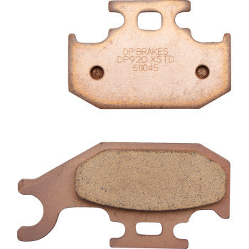 Two Sintered Brake Pads by DP Brakes are shown; one features engraved text and two holes, while the other displays a beige friction material on its surface.