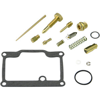 The Polaris Carburetor Repair Kit by Shindy includes metal components, main and pilot jets, float valves, springs, gaskets, O-rings, and small fittings arranged on a white background.