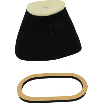 A Yamaha Replacement Air Filter by All Balls, cone-shaped and black & white, is pictured above a separate oval adhesive ring on a plain white background.