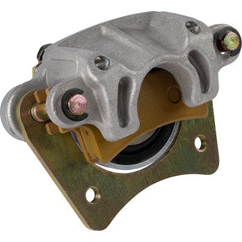 The Polaris Brake Caliper Rear by Quad Logic features a silver metallic finish and gold-tone mounting bracket, includes bolts and mounting holes, and serves as an ideal OEM replacement compatible with semi-metallic brake pads.
