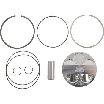The Yamaha Piston Kit 95.00 mm by Moose Offroad, made in the USA, includes a metallic piston with engraved markings, three piston rings, two circular clips, and a small cylindrical pin—all arranged on a white background.