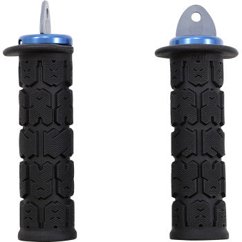 A pair of ATV Rogue PWC Grips Black / Blue by Odi, with textured black rubber and blue metal ends, featuring oversized grips for comfort and shock absorption, displayed upright side by side on a white background.