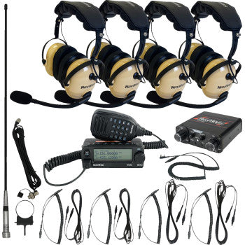 The Intercom Radio and Headset Kit 4 Seat Beige by Navatlas features four aviation headsets with microphones, a dual band radio transceiver, control box, antenna, cables, connectors, and wires arranged on a white background.