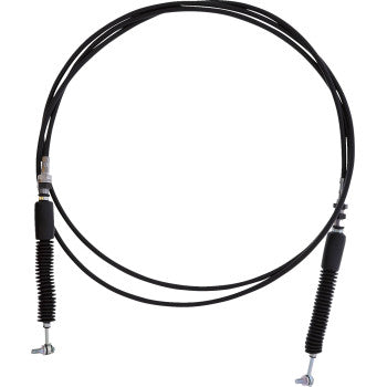Black flexible shift cable with metal connectors and protective coil springs on each end.