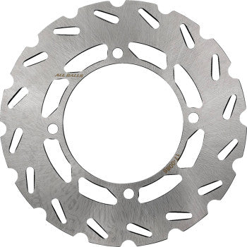 The Polaris Brake Rotor by All Balls is a round, silver stainless steel disc with wavy edges and multiple vented slots, designed to improve braking performance and cooling efficiency for motorcycles.