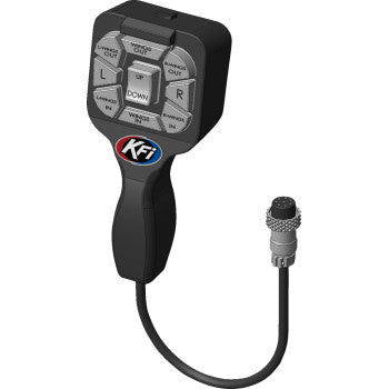 The Replacement Pro-V Plow Hand Remote by Kfi Products is a black handheld controller with six labeled buttons for UTV winch and plow actuator control, plus an attached cable featuring a metal connector plug.