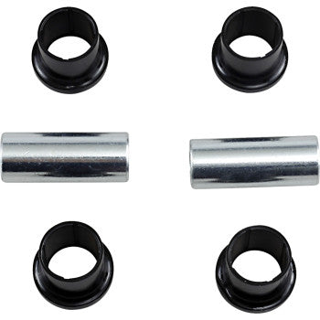 The A-Arm Repair Kit Front Upper Lower by Epi includes four black flanged bushings at the corners and two silver metal sleeves in the center, perfect for A-Arm Pivot Assembly repairs or as replacement bearings.
